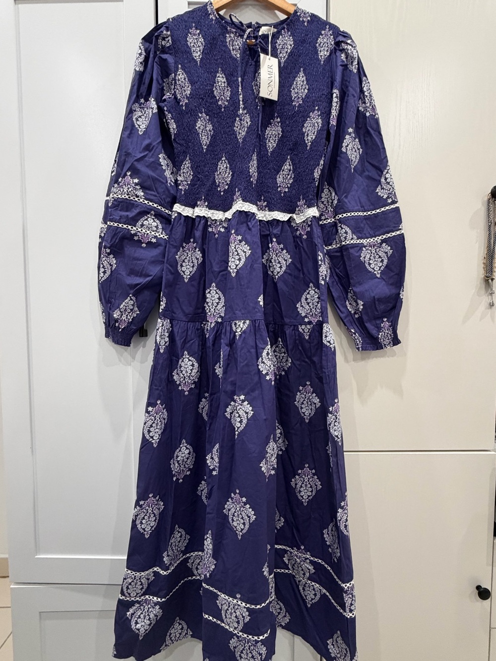 Smocked Waist Navy Printed Maxi Dress with Lace Trim